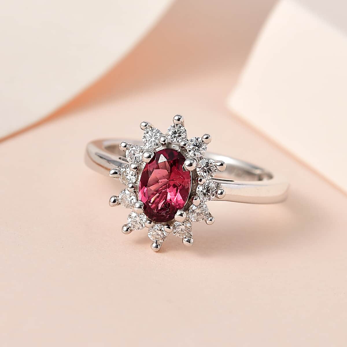 Buy Ouro Fino Rubellite, Moissanite Sunburst Ring in Platinum Over ...