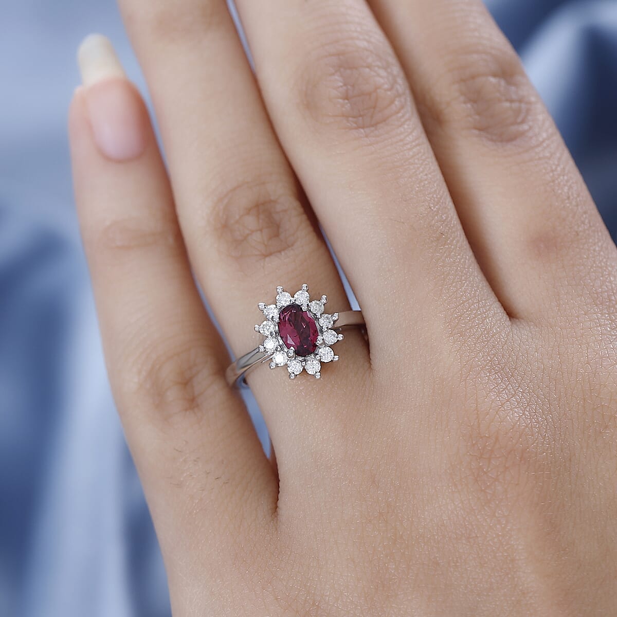 Ouro Fino Rubellite, Moissanite Sunburst Ring in Platinum Over Sterling Silver (Size 10.0) 0.85 ctw image number 2
