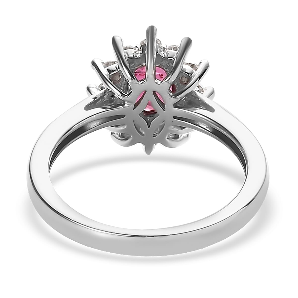 Ouro Fino Rubellite, Moissanite Sunburst Ring in Platinum Over Sterling Silver (Size 10.0) 0.85 ctw image number 4
