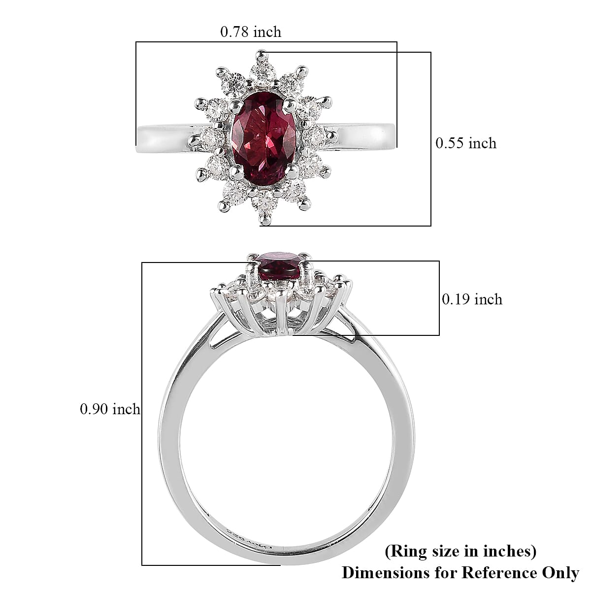 Ouro Fino Rubellite, Moissanite Sunburst Ring in Platinum Over Sterling Silver (Size 10.0) 0.85 ctw image number 5