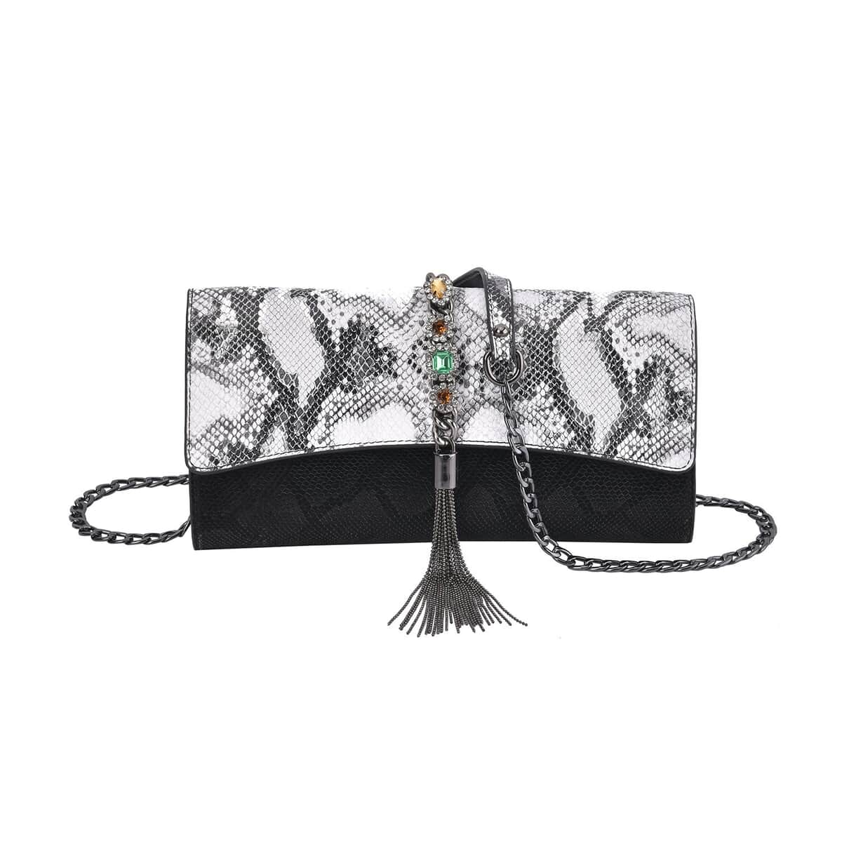 Black Color Snake Print Pattern Genuine Leather Crossbody Bag (10"x1.4"x5") with Shoulder Strap image number 0