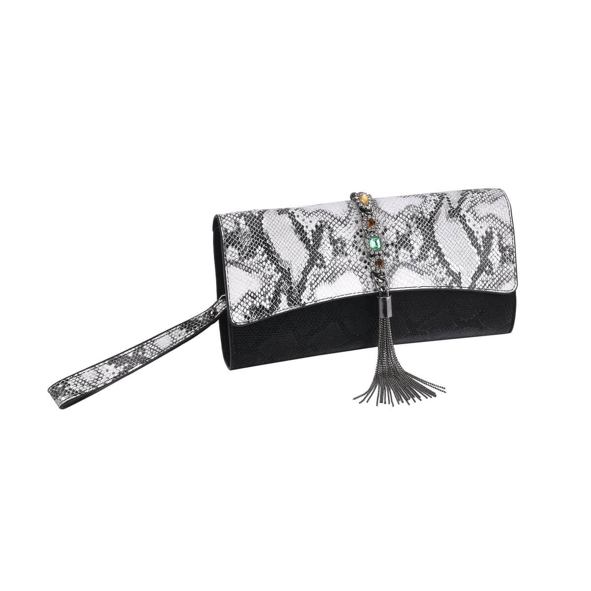 Black Color Snake Print Pattern Genuine Leather Crossbody Bag (10"x1.4"x5") with Shoulder Strap image number 4