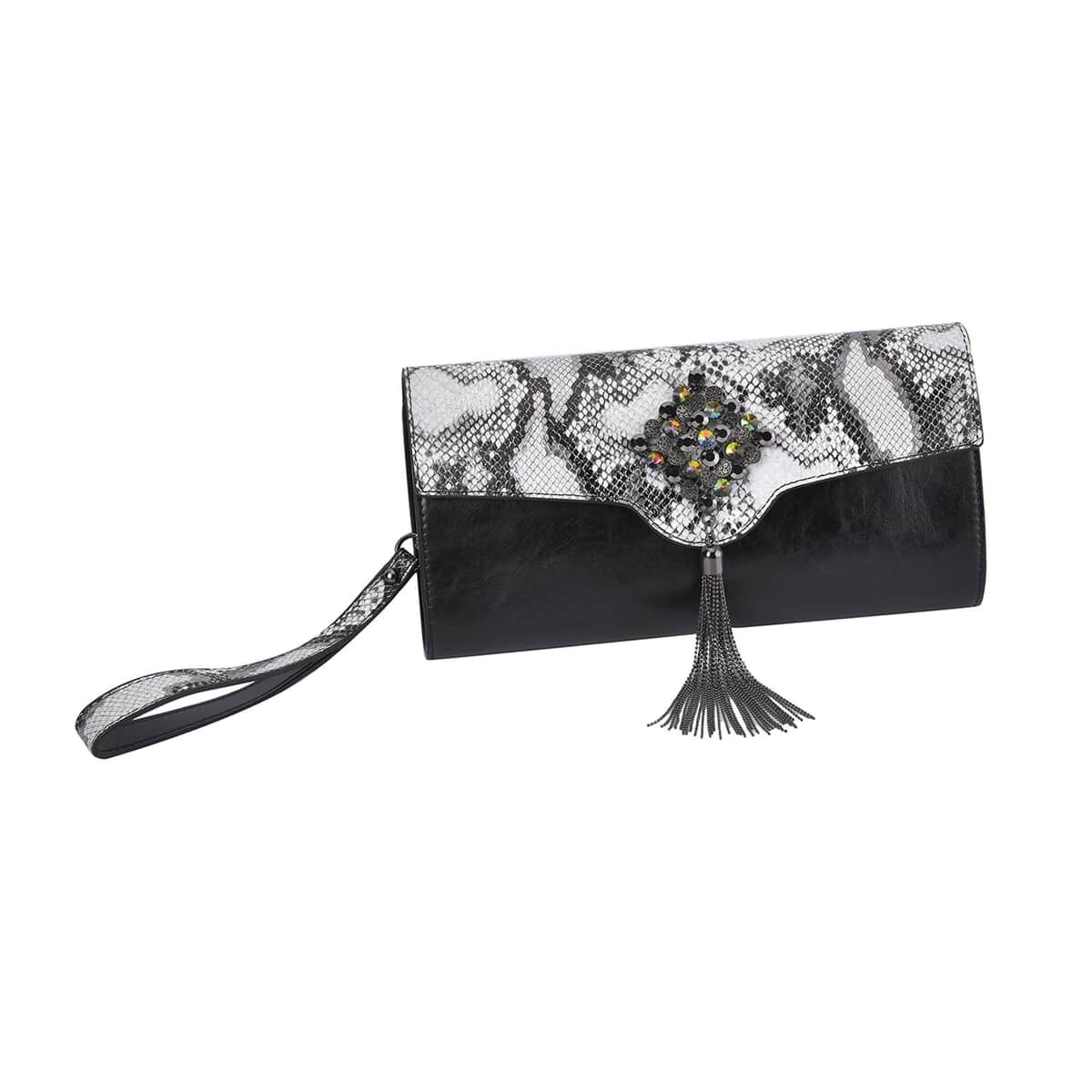 Black Color Snake Print Pattern Genuine Leather Crossbody Bag with Shoulder Strap image number 4