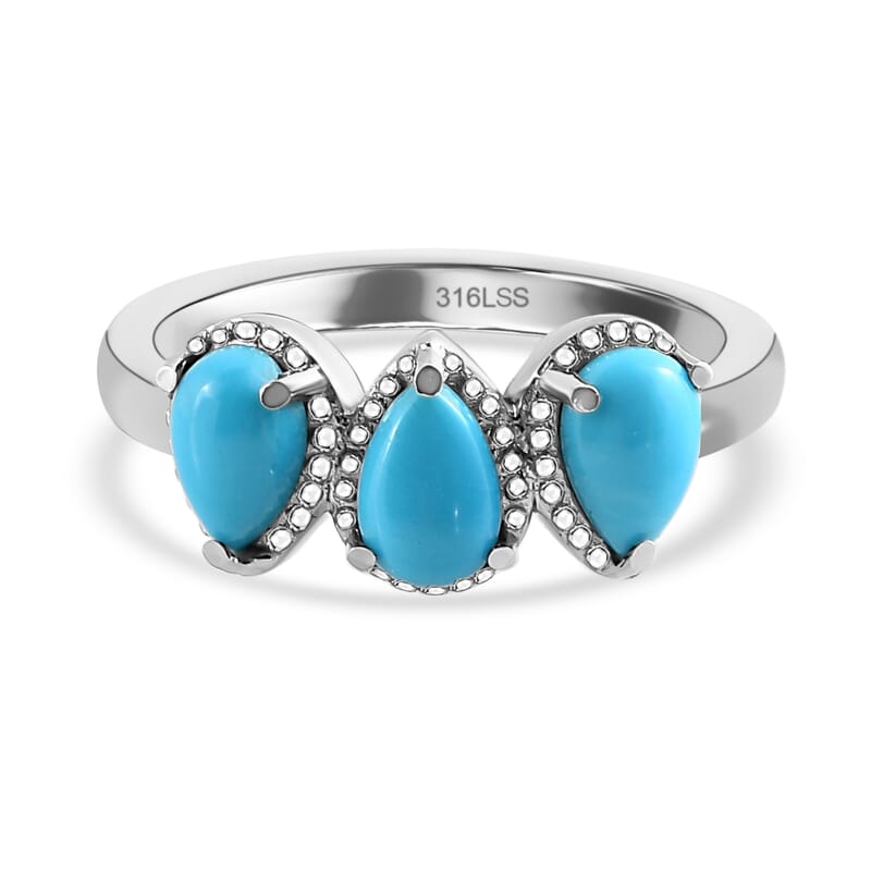 Sleeping Beauty Turquoise 3 Stone Ring in Stainless Steel (Size 10.0) 1.25 ctw