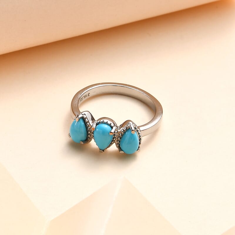 Sleeping Beauty Turquoise 3 Stone Ring in Stainless Steel (Size 10.0) 1.25 ctw