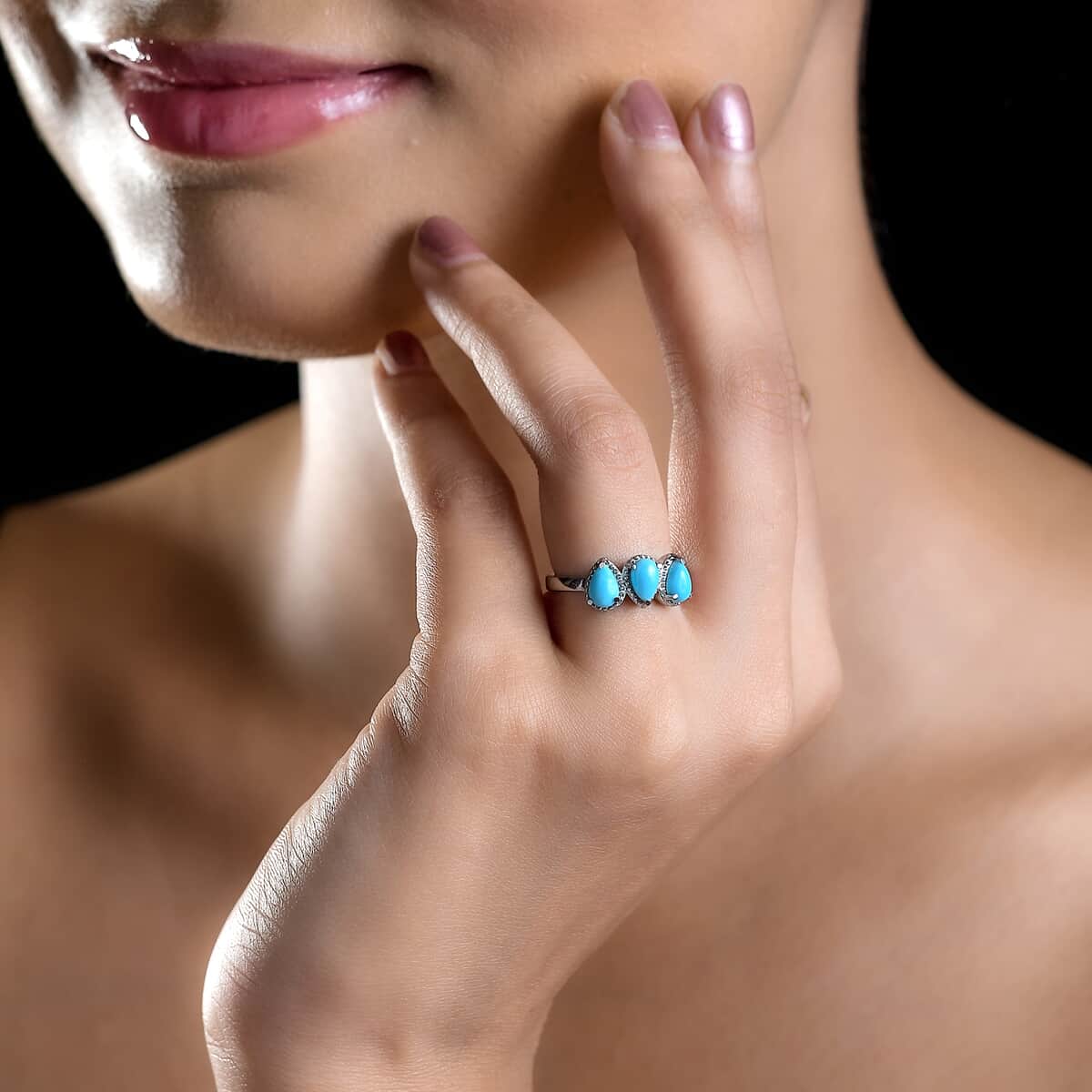Sleeping Beauty Turquoise 3 Stone Ring in Stainless Steel 1.25 ctw image number 2