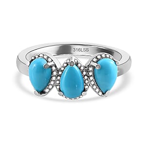 Sleeping Beauty Turquoise 3 Stone Ring in Stainless Steel (Size 9.0) 1.25 ctw