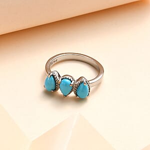 Sleeping Beauty Turquoise 3 Stone Ring in Stainless Steel (Size 9.0) 1.25 ctw