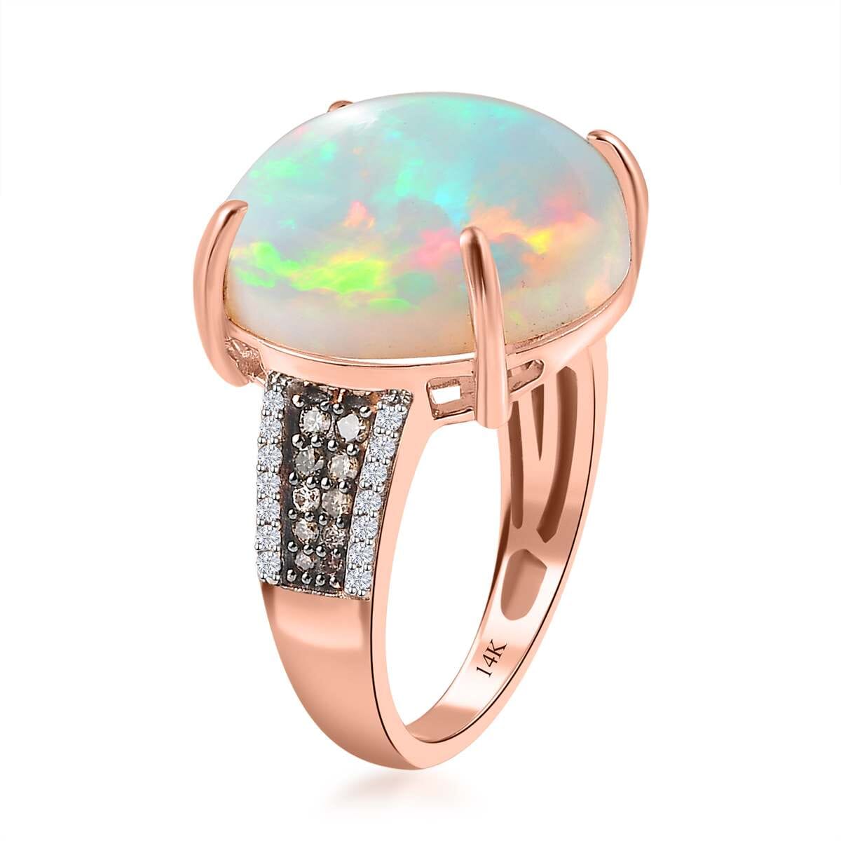 Luxoro 14K Rose Gold AAA Ethiopian Welo Opal, I3 Natural Champagne and White Diamond Ring (Size 8.5) 4.50 Grams 10.25 ctw image number 3