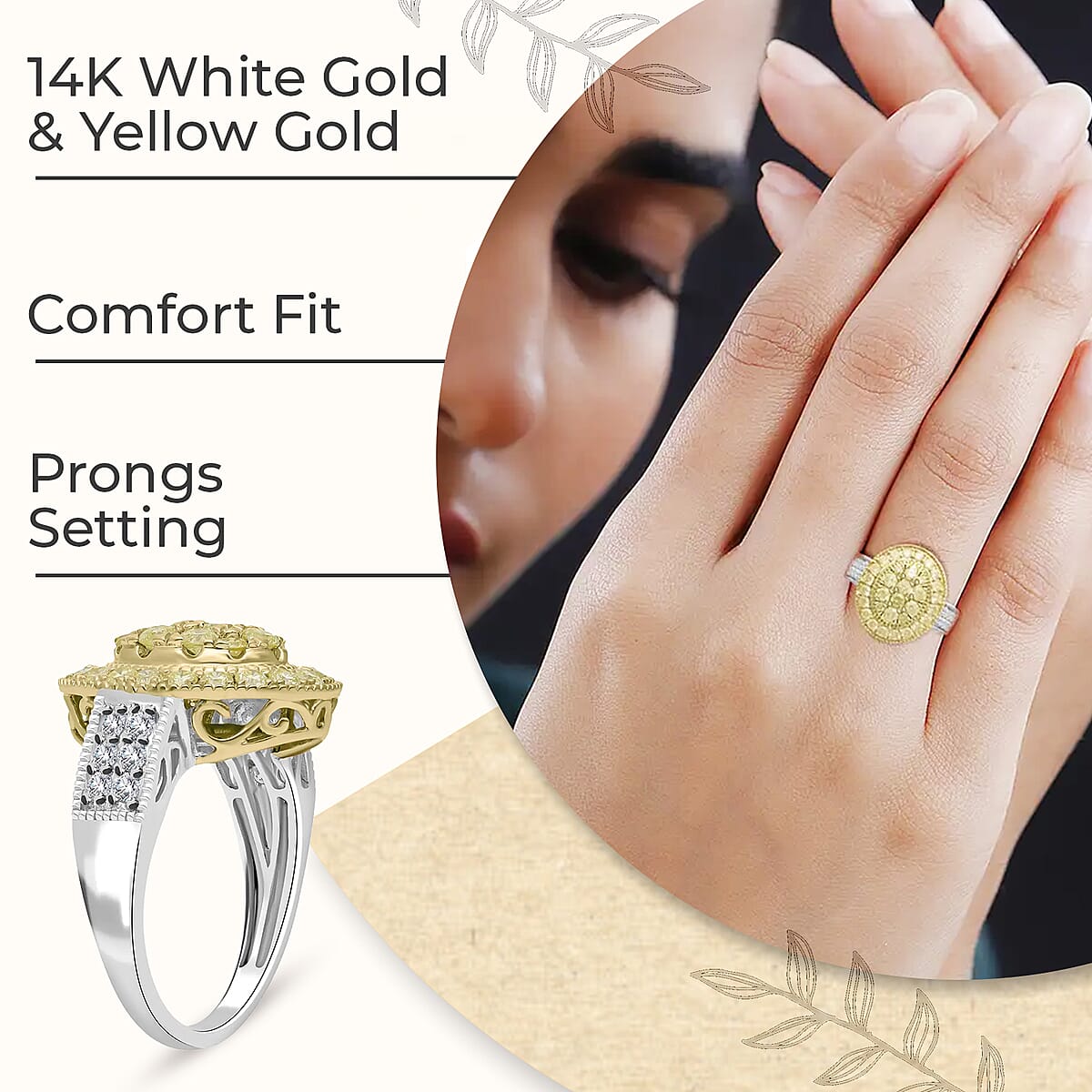 Luxoro I3 Natural Yellow and White Diamond 1.75 ctw Ring, 14K White and Yellow Gold Ring, Diamond Cluster Ring, Diamond Jewelry For Her (Size 9.5) image number 2