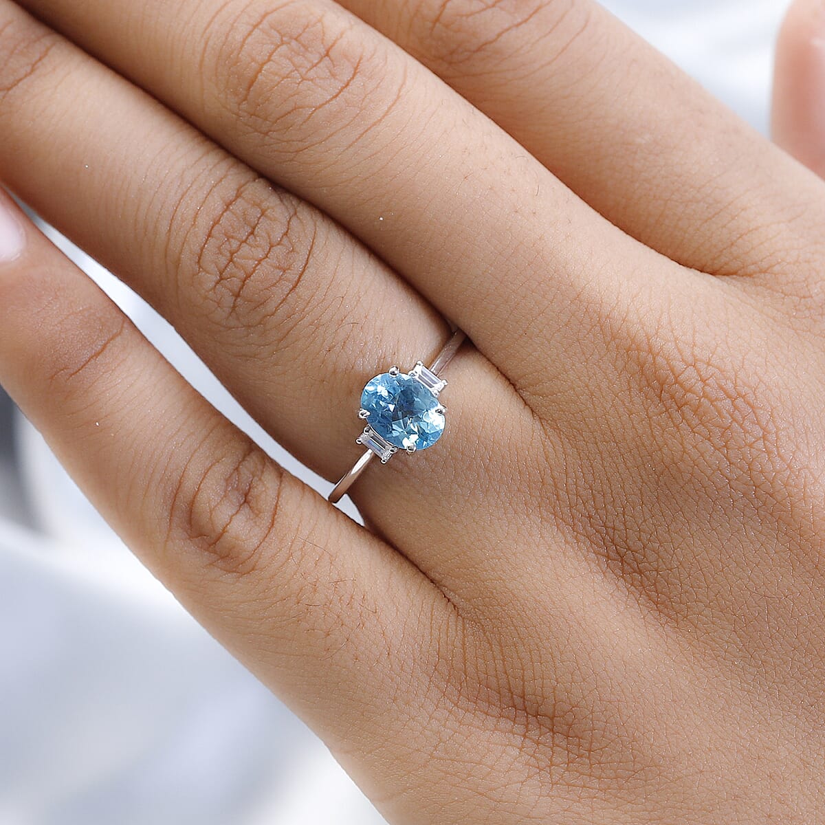 Luxoro Premium Madagascar Paraiba Apatite Ring in 10K White Gold, Moissanite Accent Ring, Apatite Jewelry, Gold Gifts For Her 1.35 ctw image number 2