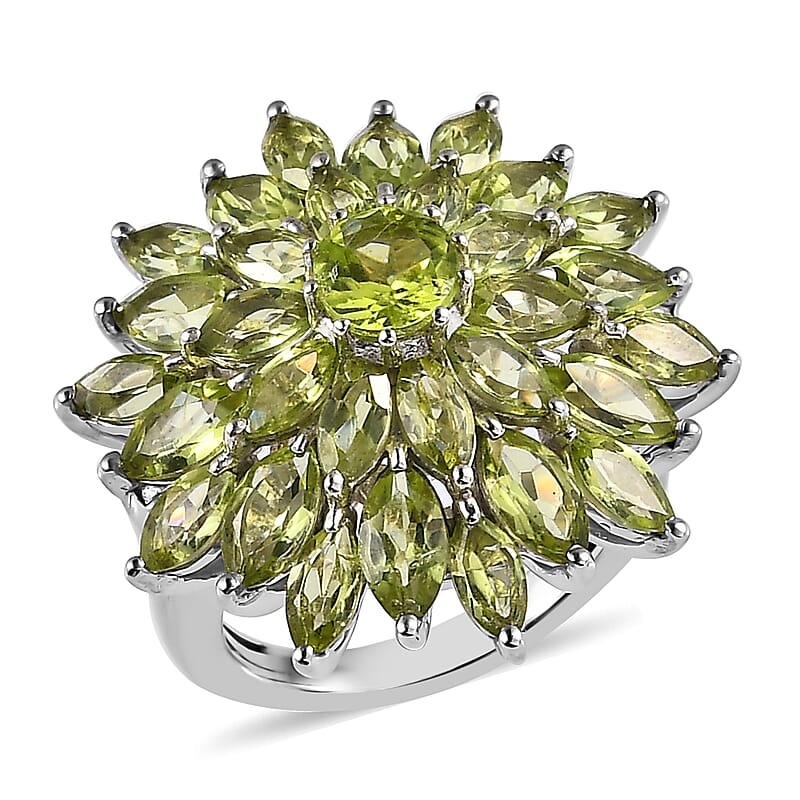 Premium Peridot Floral Spray Ring in Platinum Over Sterling Silver (Size 10.0) 6.40 ctw