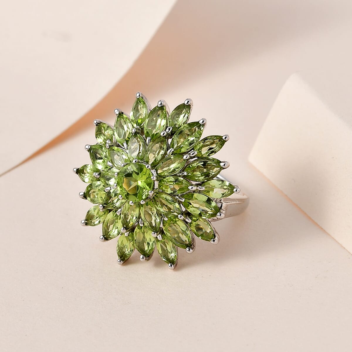 Premium Peridot Floral Spray Ring in Platinum Over Sterling Silver 6.40 ctw image number 1