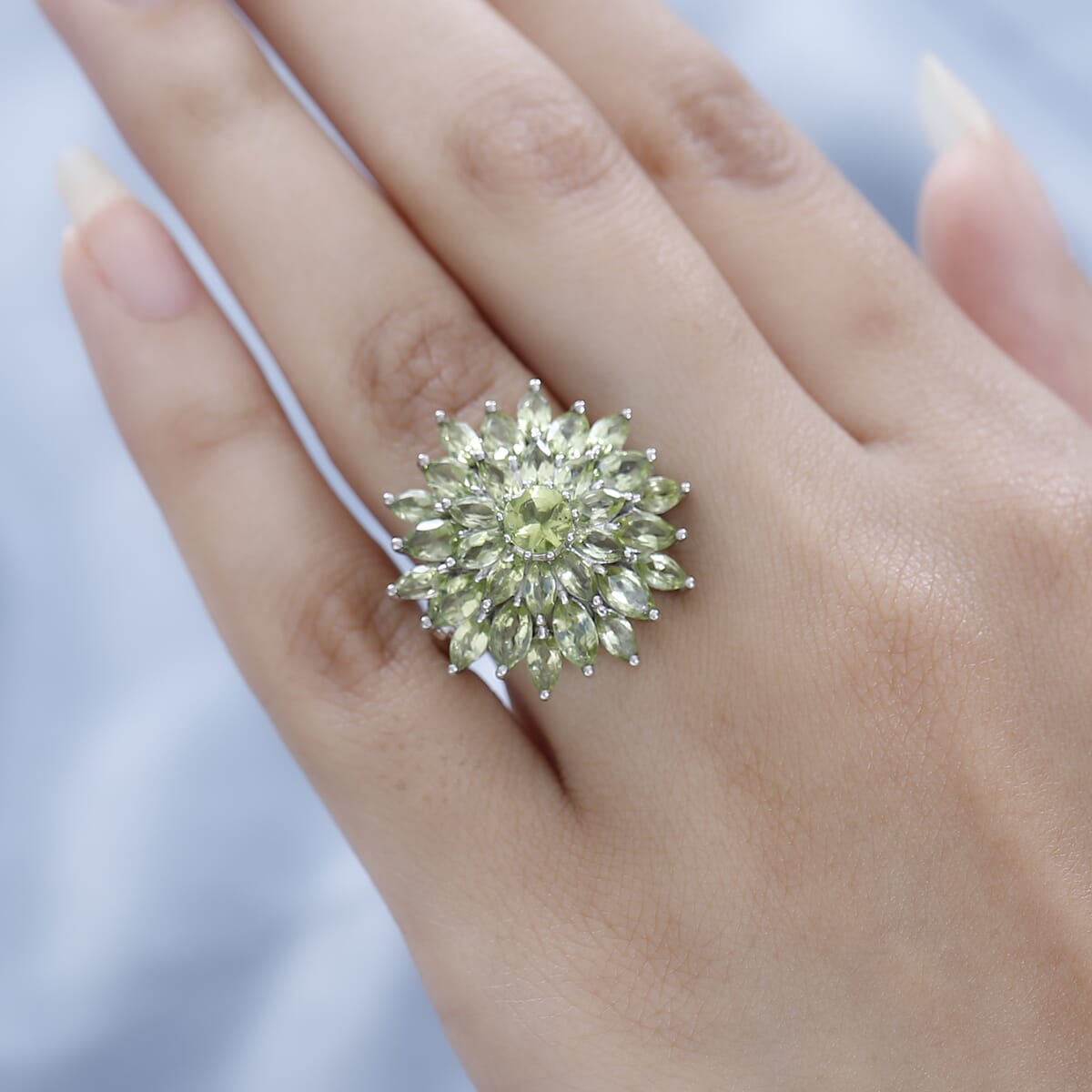 Premium Peridot Floral Spray Ring in Platinum Over Sterling Silver 6.40 ctw image number 2