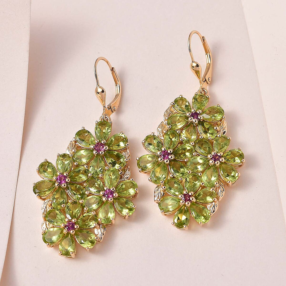 Premium Peridot and Orissa Rhodolite Garnet Lever Back Floral Earrings in Vermeil Yellow Gold Over Sterling Silver 20.60 ctw image number 1
