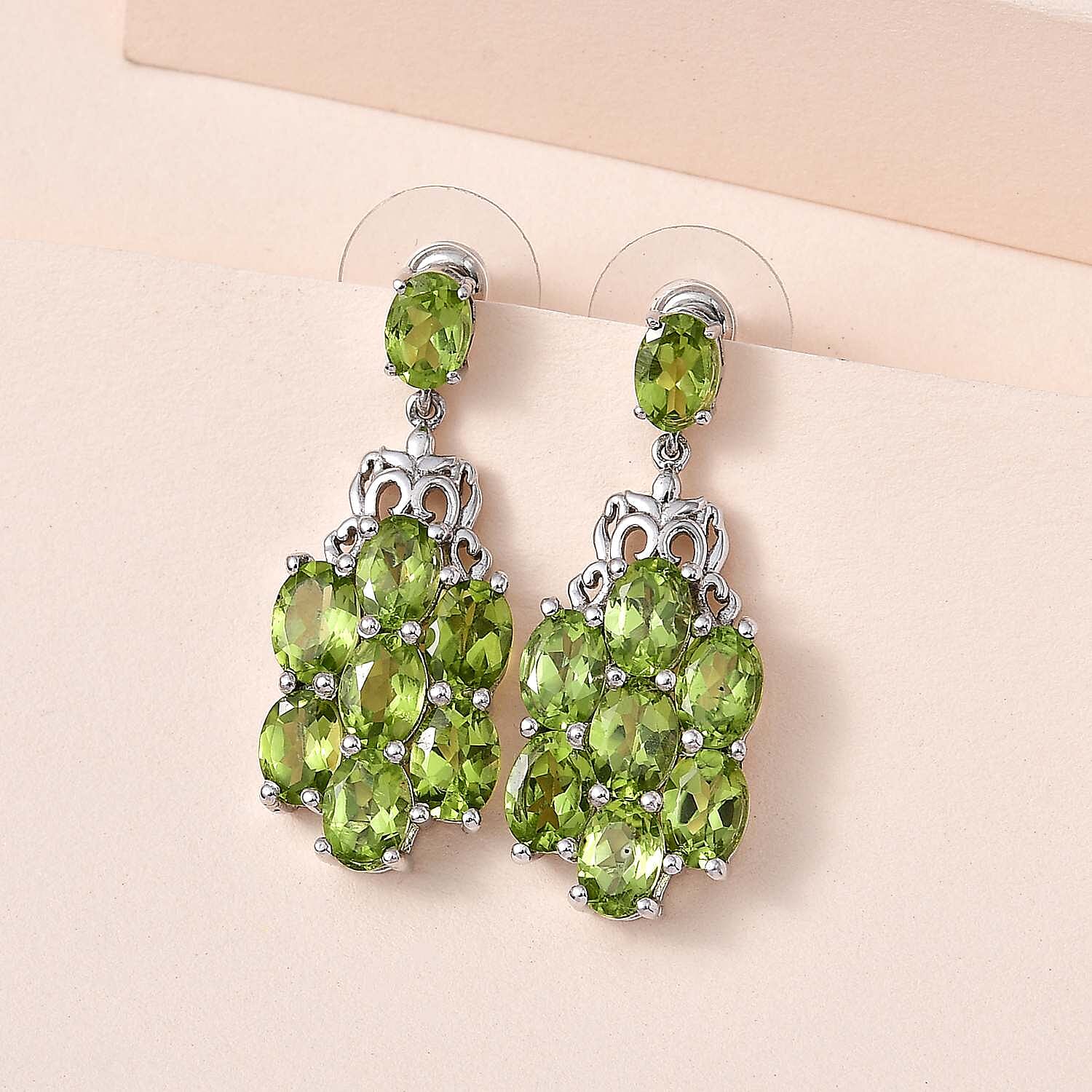 Premium Peridot Floral Dangle Earrings in Platinum Over Sterling Silver 12.50 ctw