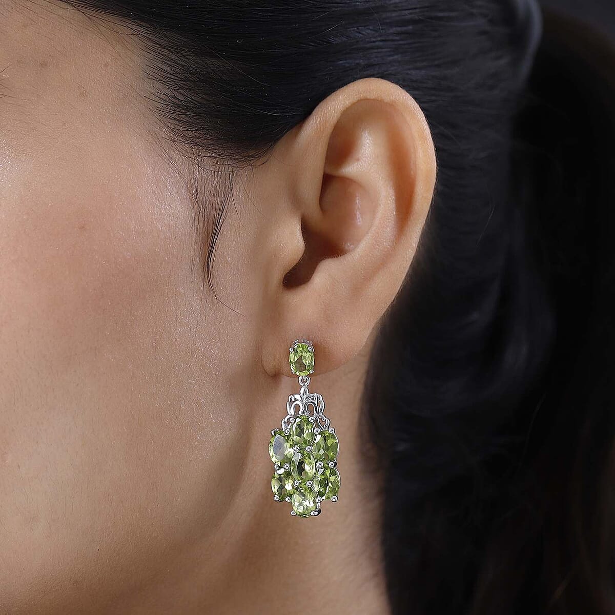 Premium Peridot Floral Dangle Earrings in Platinum Over Sterling Silver 12.50 ctw image number 2