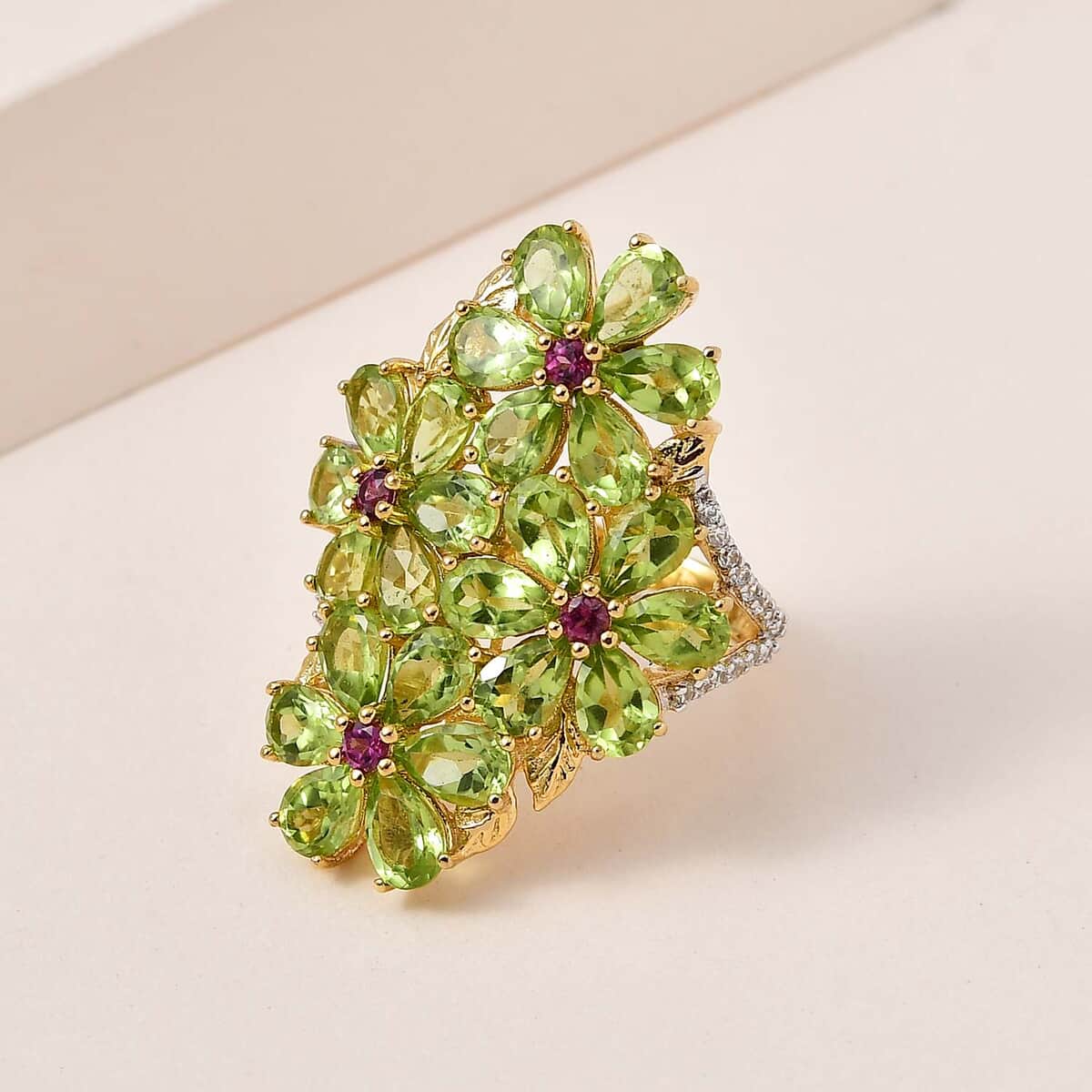 Premium Peridot and Multi Gemstone Floral Ring in Vermeil Yellow Gold Over Sterling Silver 10.60 ctw image number 1