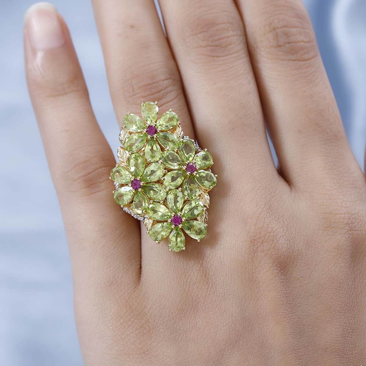 Premium Peridot and Multi Gemstone Floral Ring in Vermeil Yellow Gold Over Sterling Silver 10.60 ctw image number 2