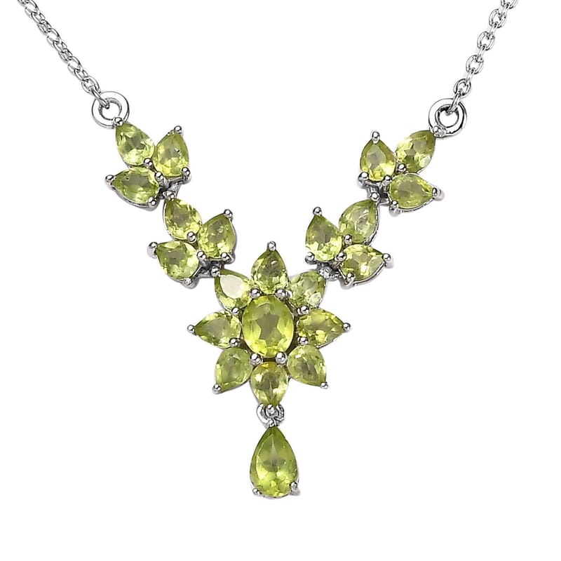 Premium Peridot Floral Necklace 18 Inches in Platinum Over Sterling Silver 4.15 ctw