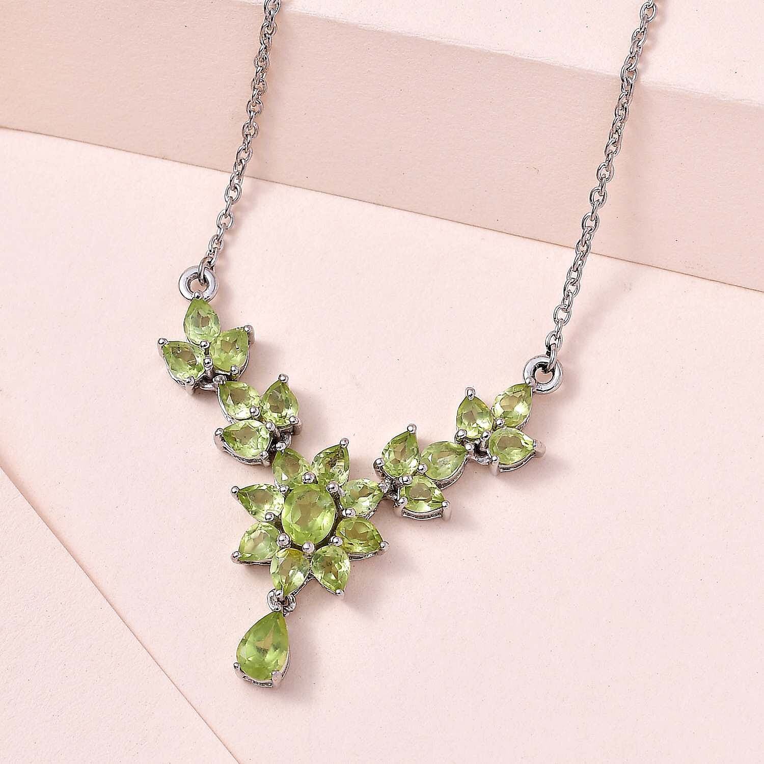 Premium Peridot Floral Necklace 18 Inches in Platinum Over Sterling Silver 4.15 ctw