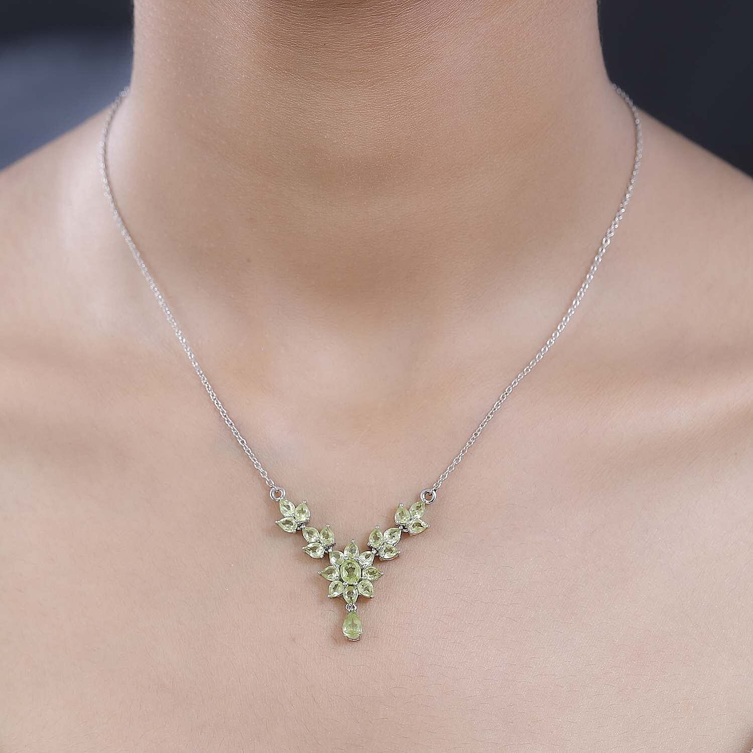 Premium Peridot Floral Necklace 18 Inches in Platinum Over Sterling Silver 4.15 ctw