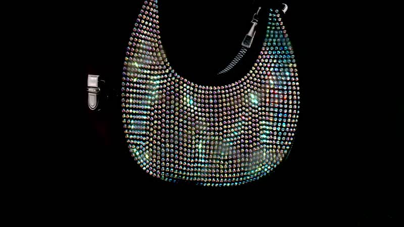 Aurora Borealis Crystal with Black Faux Leather Tote Bag (8.7"x2.4"x8.7") with Handle Drop