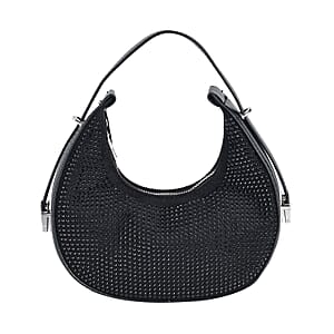 Black Crystal with Black Faux Leather Tote Bag with Handle Drop