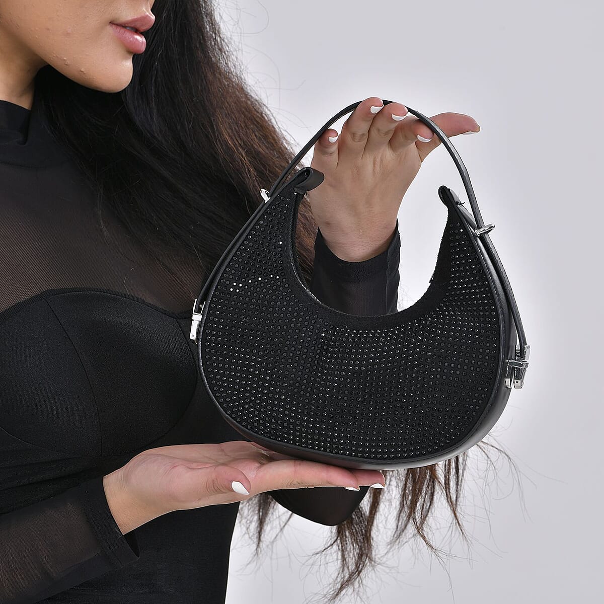 Black Crystal with Black Faux Leather Tote Bag with Handle Drop image number 2