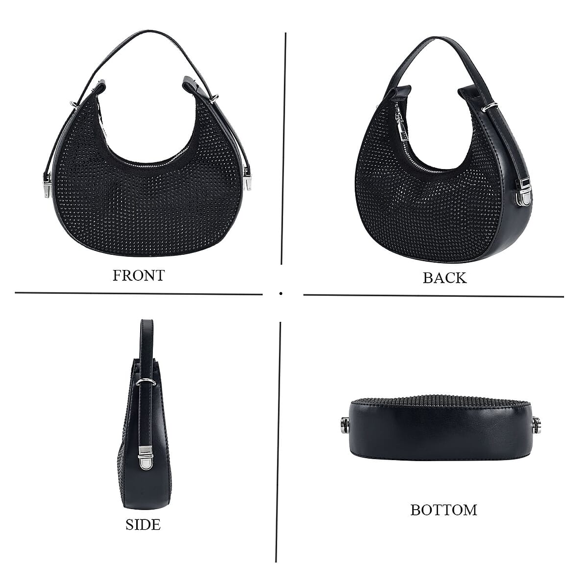 Black Crystal with Black Faux Leather Tote Bag with Handle Drop image number 3