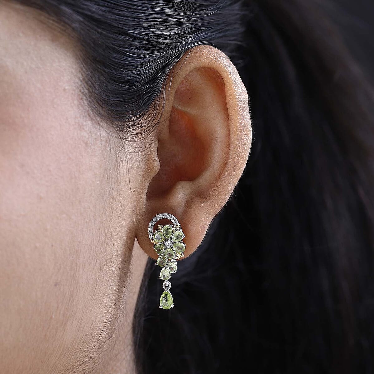 Premium Peridot and White Zircon Earrings in Vermeil Yellow Gold and Platinum Over Sterling Silver 4.15 ctw image number 2