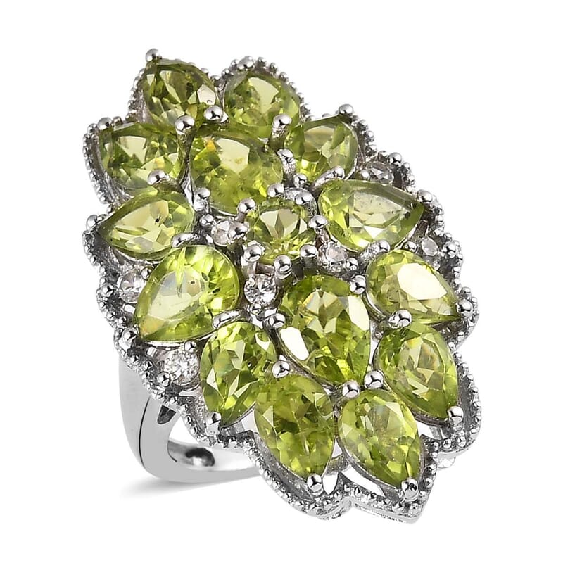 Premium Peridot and White Zircon Floral Ring in Platinum Over Sterling Silver (Size 10.0) 7.50 ctw
