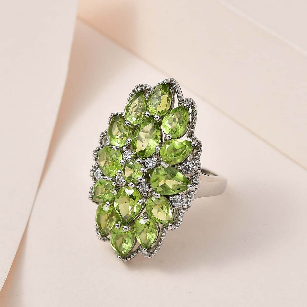 Premium Peridot and White Zircon Floral Ring in Platinum Over Sterling Silver 7.50 ctw image number 1