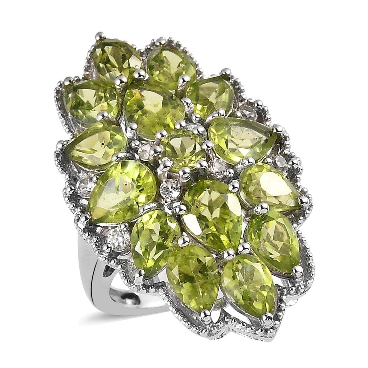 Premium Peridot and White Zircon Floral Ring in Platinum Over Sterling Silver (Size 7.0) 7.50 ctw image number 0