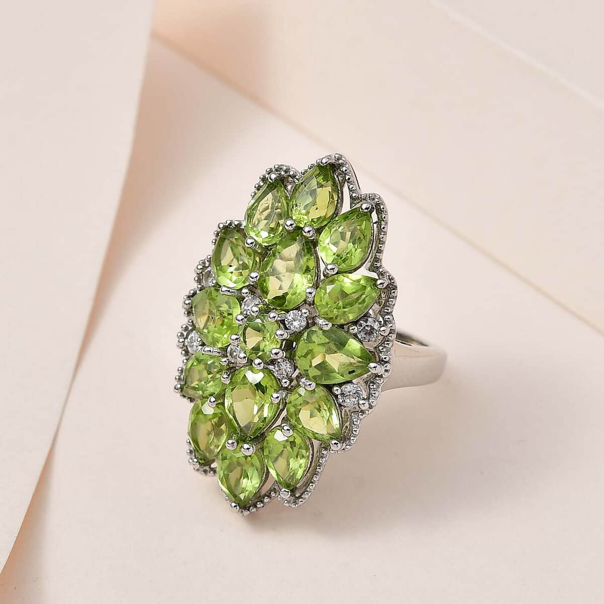 Premium Peridot and White Zircon Floral Ring in Platinum Over Sterling Silver (Size 7.0) 7.50 ctw image number 1