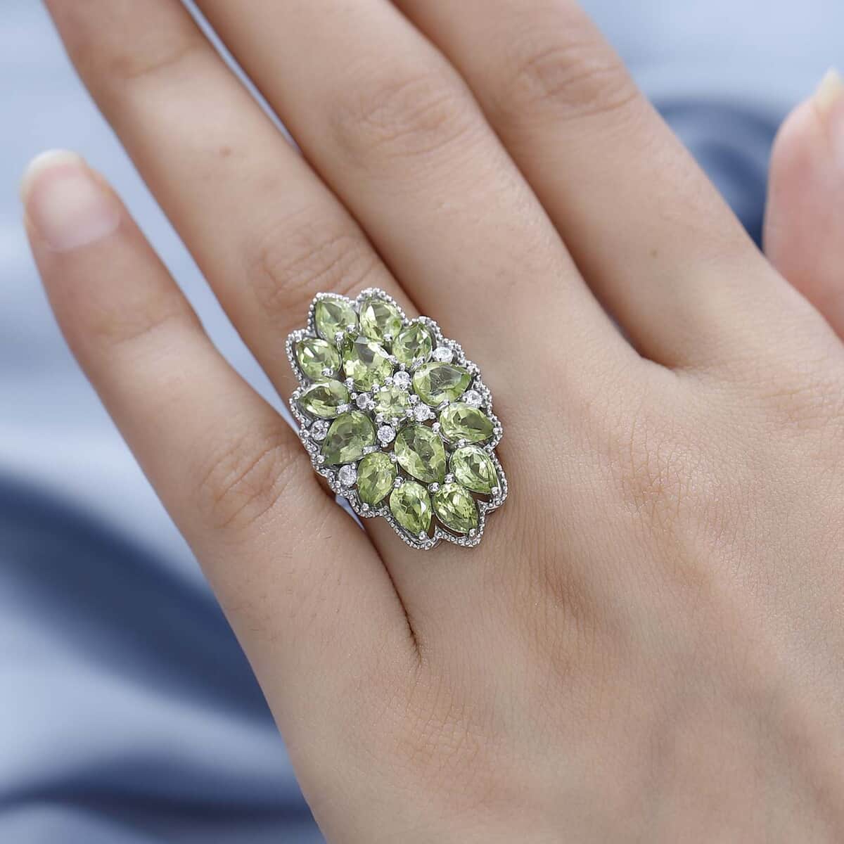 Premium Peridot and White Zircon Floral Ring in Platinum Over Sterling Silver (Size 7.0) 7.50 ctw image number 2