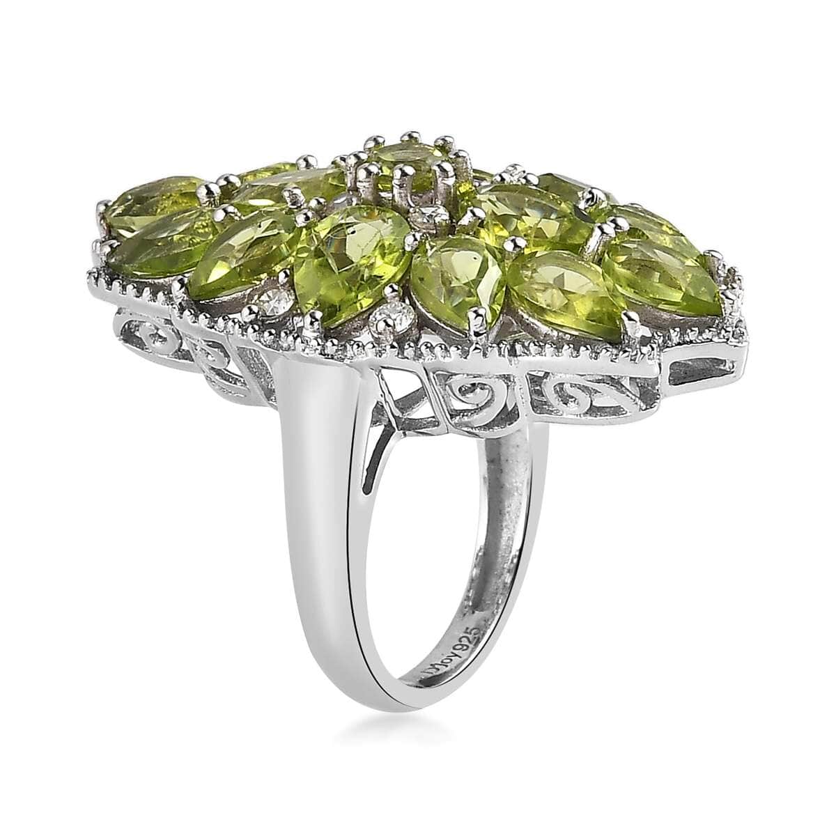 Premium Peridot and White Zircon Floral Ring in Platinum Over Sterling Silver (Size 7.0) 7.50 ctw image number 3