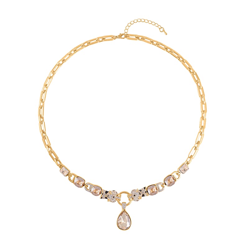 Champagne Glass and Austrian Crystal Enameled Necklace 20.5-22.5 Inches in Goldtone