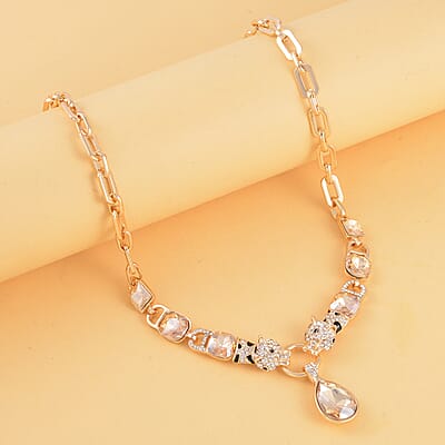 Champagne Glass and Austrian Crystal Enameled Necklace 20.5-22.5 Inches in Goldtone