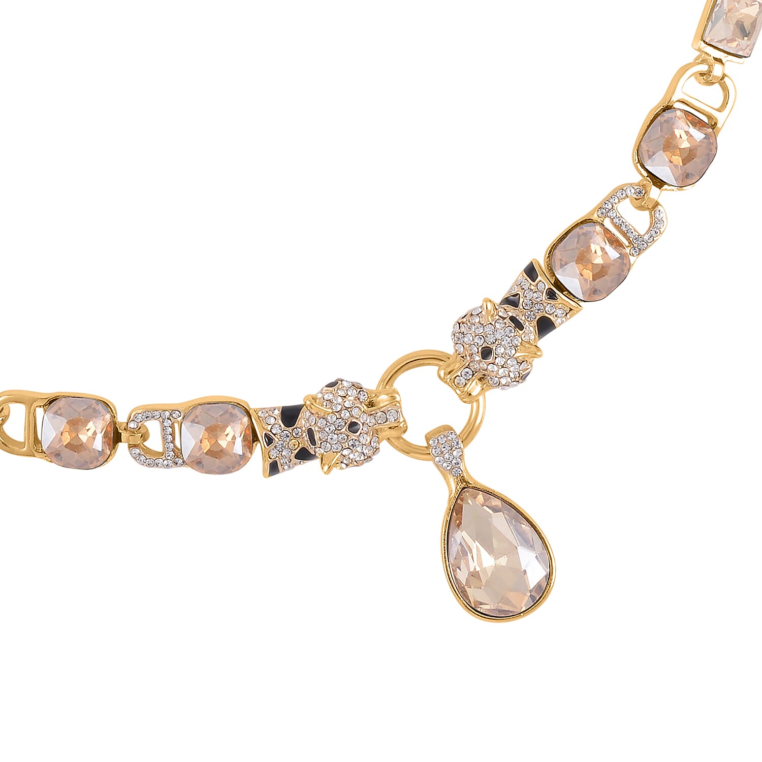 Champagne Glass and Austrian Crystal Enameled Necklace 20.5-22.5 Inches in Goldtone