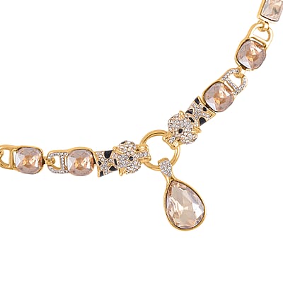 Champagne Glass and Austrian Crystal Enameled Necklace 20.5-22.5 Inches in Goldtone