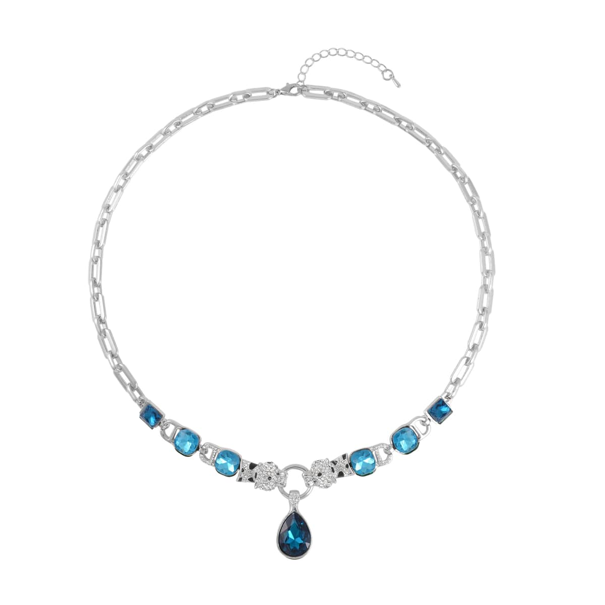 Blue Glass and Austrian Crystal Enameled Necklace 20.5-22.5 Inches in Silvertone image number 0