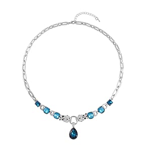 Blue Glass and Austrian Crystal Enameled Necklace 20.5-22.5 Inches in Silvertone