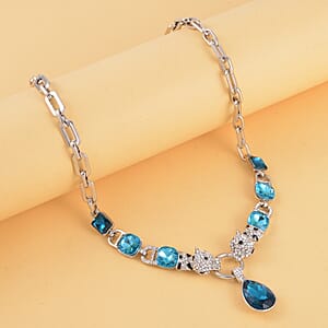 Blue Glass and Austrian Crystal Enameled Necklace 20.5-22.5 Inches in Silvertone