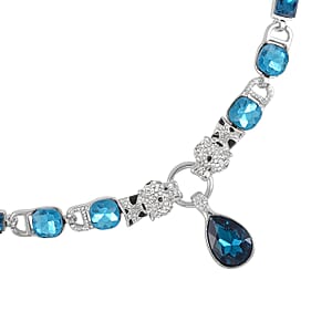 Blue Glass and Austrian Crystal Enameled Necklace 20.5-22.5 Inches in Silvertone