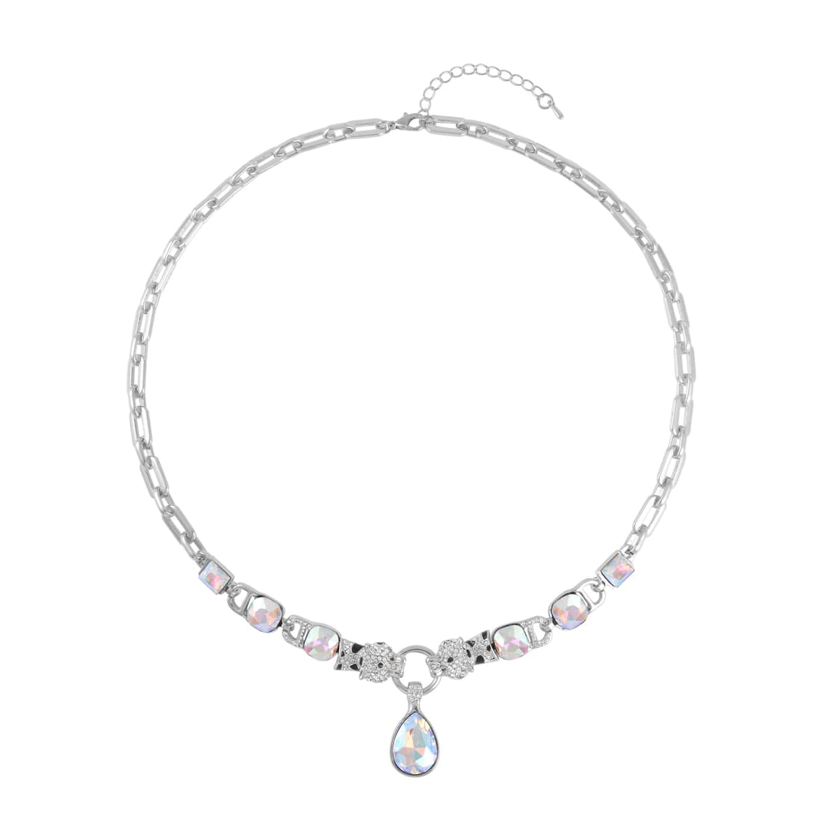 White Mystic Color Glass and Austrian Crystal Enameled Necklace 20.5-22.5 Inches in Silvertone image number 0