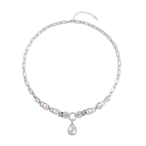 White Mystic Color Glass and Austrian Crystal Enameled Necklace 20.5-22.5 Inches in Silvertone