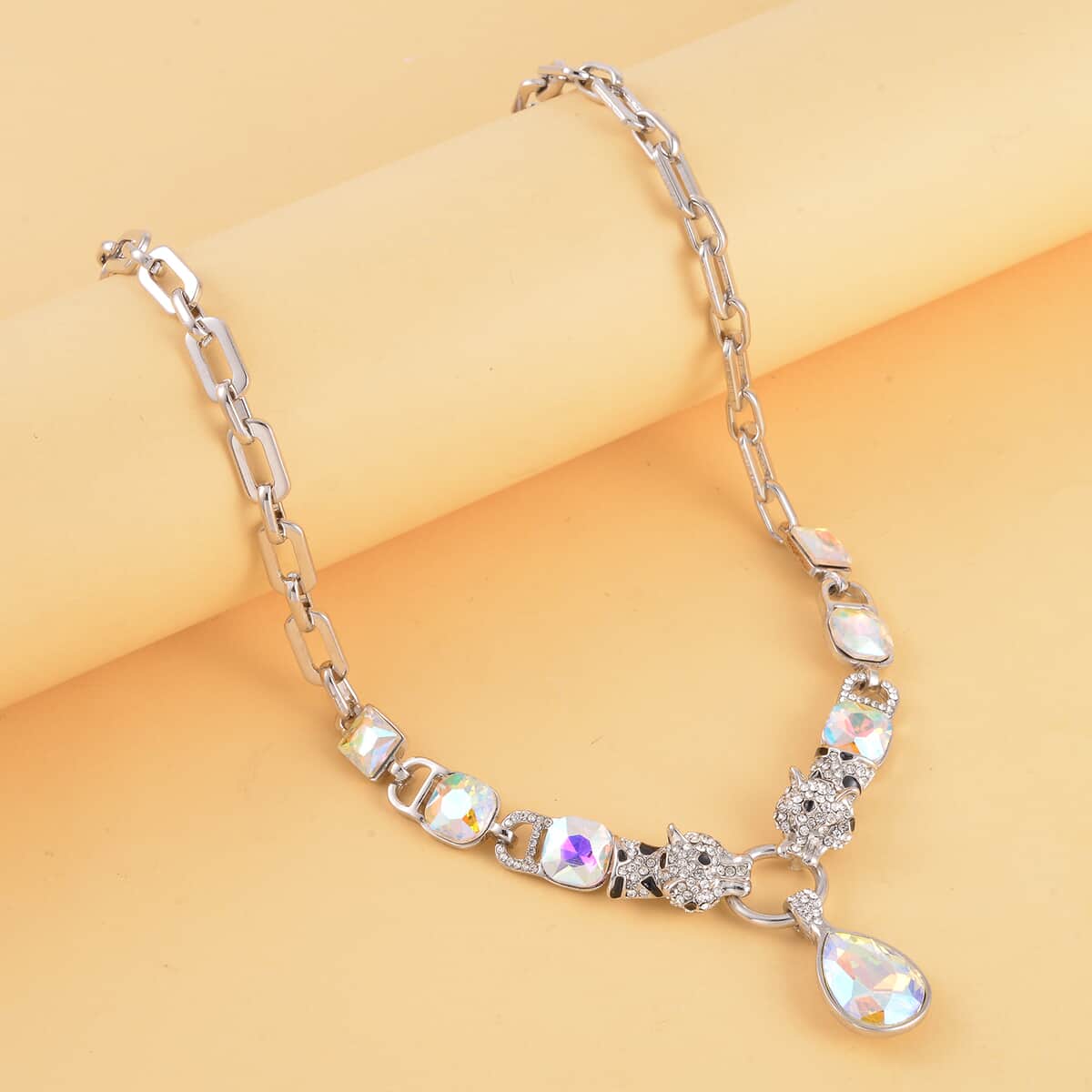 White Mystic Color Glass and Austrian Crystal Enameled Necklace 20.5-22.5 Inches in Silvertone image number 1