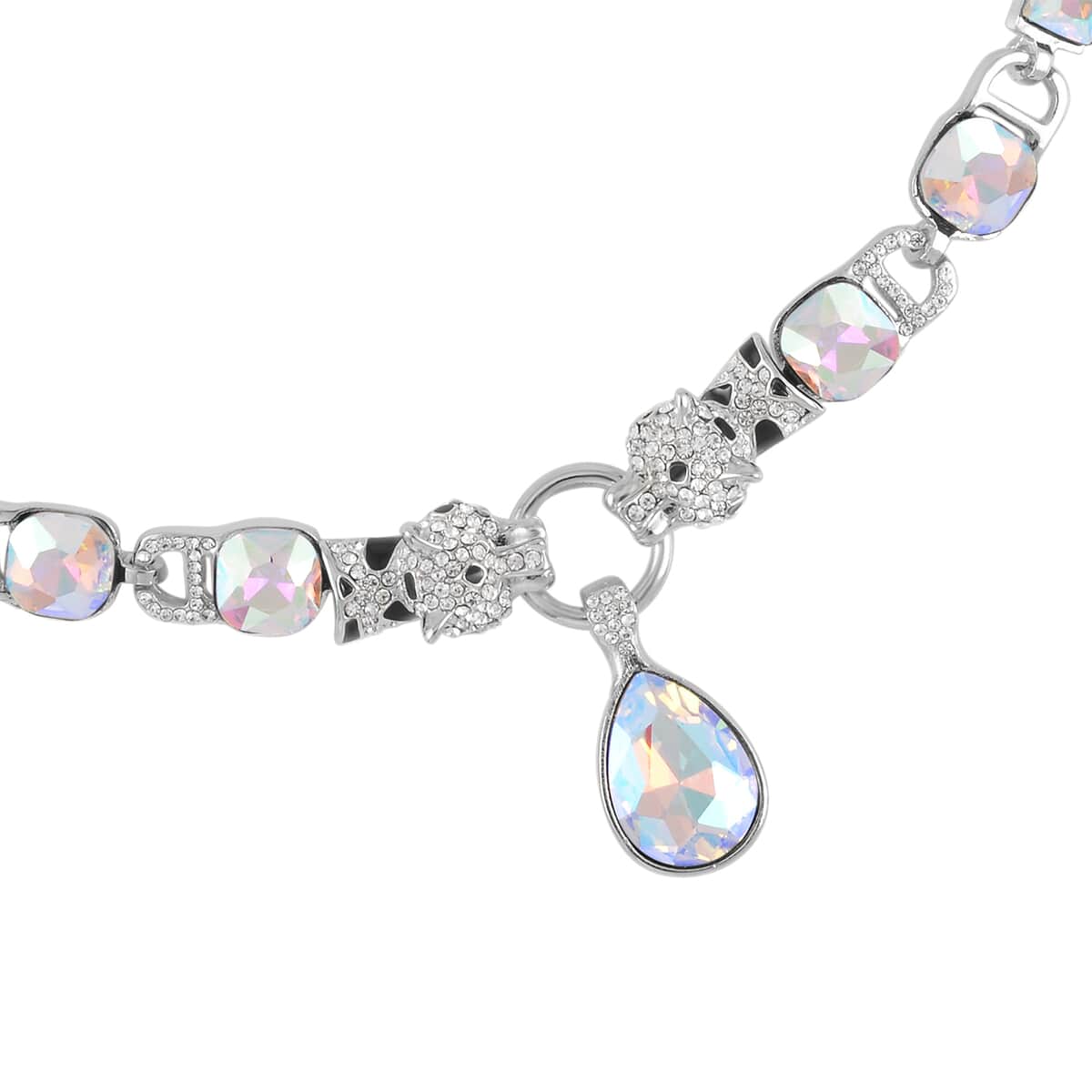 White Mystic Color Glass and Austrian Crystal Enameled Necklace 20.5-22.5 Inches in Silvertone image number 2