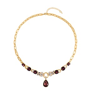 Burgundy Glass and Austrian Crystal Enameled Necklace 20.5-22.5 Inches in Goldtone